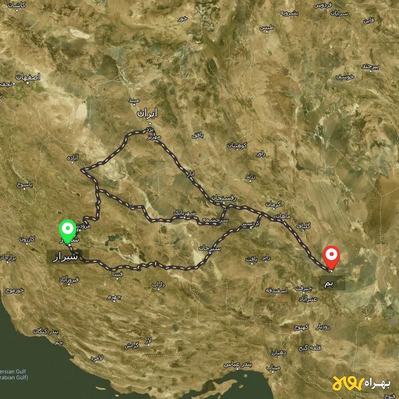 مسافت و فاصله بم تا شیراز از ۳ مسیر - اردیبهشت ۱۴۰۳