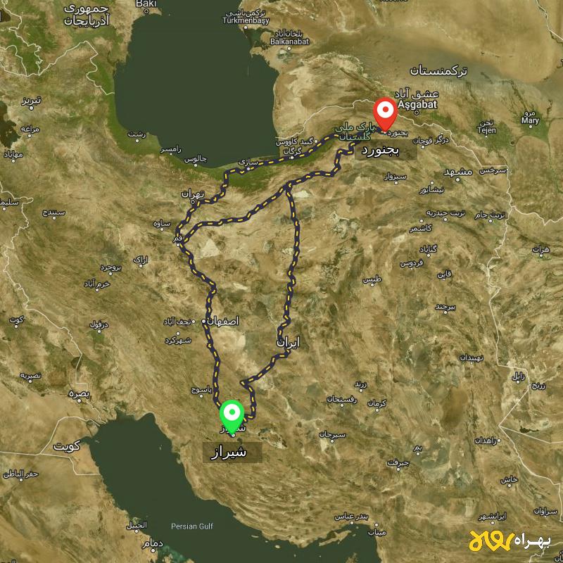 مسافت و فاصله بجنورد تا شیراز از ۳ مسیر - اردیبهشت ۱۴۰۳