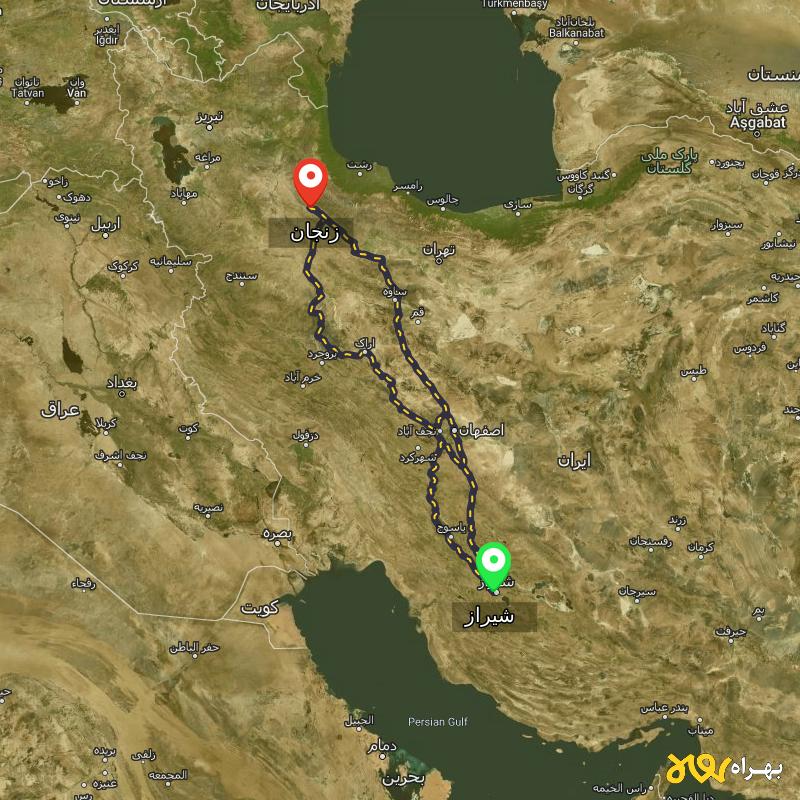 مسافت و فاصله زنجان تا شیراز از ۳ مسیر - مرداد ۱۴۰۳
