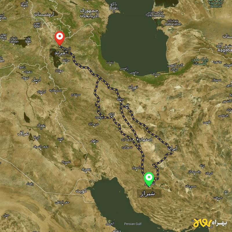 مسافت و فاصله مرند - آذربایجان شرقی تا شیراز از ۳ مسیر - اردیبهشت ۱۴۰۳