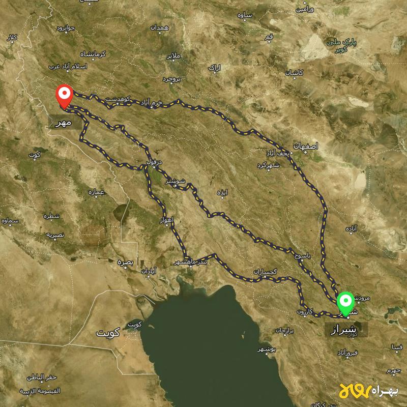 مسافت و فاصله مهر - ایلام تا شیراز از ۳ مسیر - مهر ۱۴۰۳