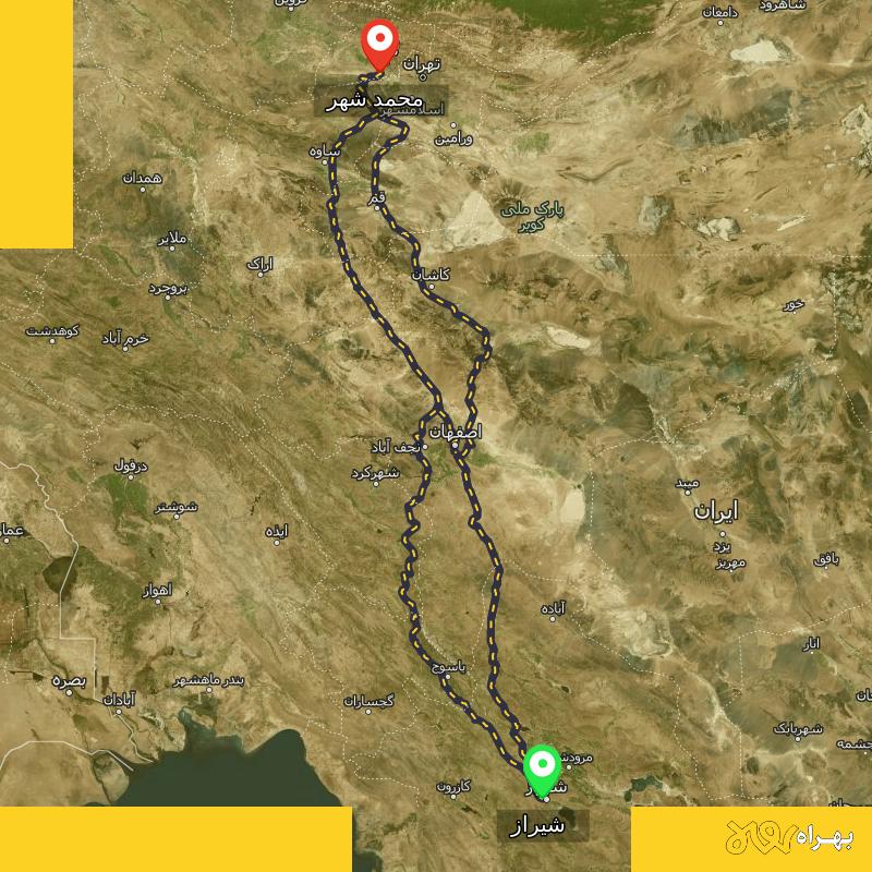 مسافت و فاصله محمد شهر - البرز تا شیراز از ۳ مسیر - دی ۱۴۰۳