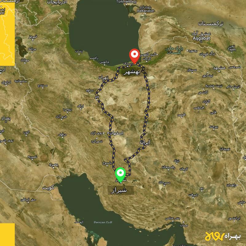 مسافت و فاصله بهشهر - مازندران تا شیراز از 2 مسیر - مسیریاب بهراه
