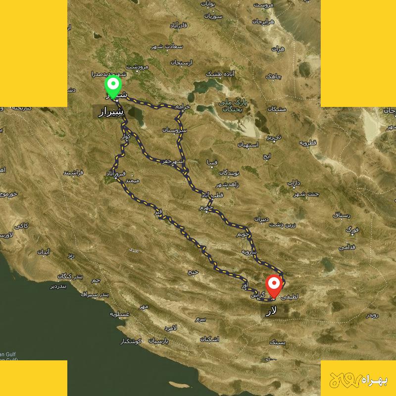 مسافت و فاصله لار - فارس تا شیراز از ۳ مسیر - اردیبهشت ۱۴۰۳