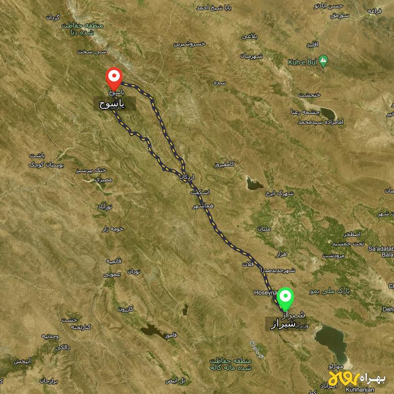 مسافت و فاصله یاسوج تا شیراز از 2 مسیر - مسیریاب بهراه