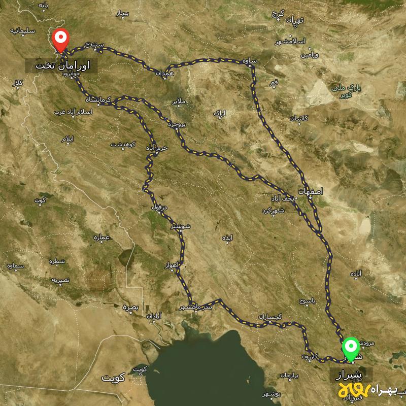 مسافت و فاصله اورامان تخت - کردستان تا شیراز از ۳ مسیر - مرداد ۱۴۰۳