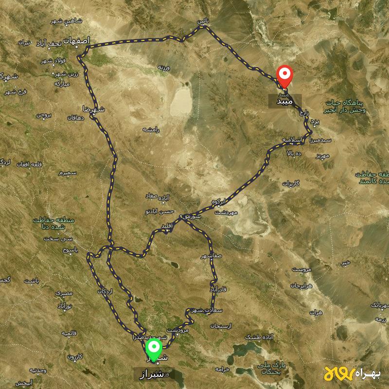 مسافت و فاصله میبد - یزد تا شیراز از ۳ مسیر - اردیبهشت ۱۴۰۳