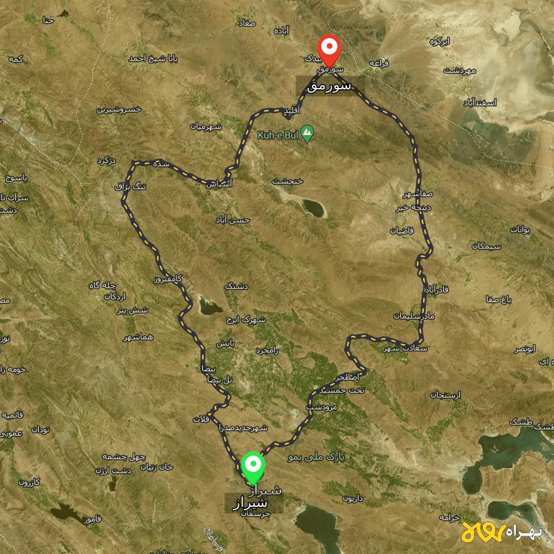 مسافت و فاصله سورمق - فارس تا شیراز از ۲ مسیر - مرداد ۱۴۰۳