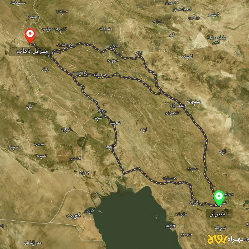 مسافت و فاصله سرپل ذهاب - کرمانشاه تا شیراز از ۳ مسیر - اردیبهشت ۱۴۰۳