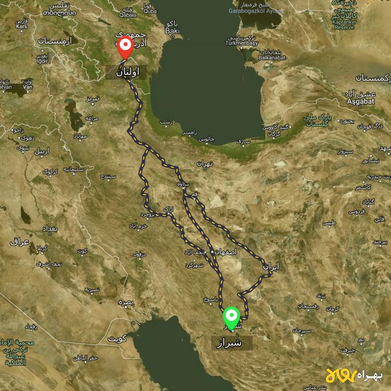 مسافت و فاصله اولتان - اردبیل تا شیراز از ۳ مسیر - شهریور ۱۴۰۳
