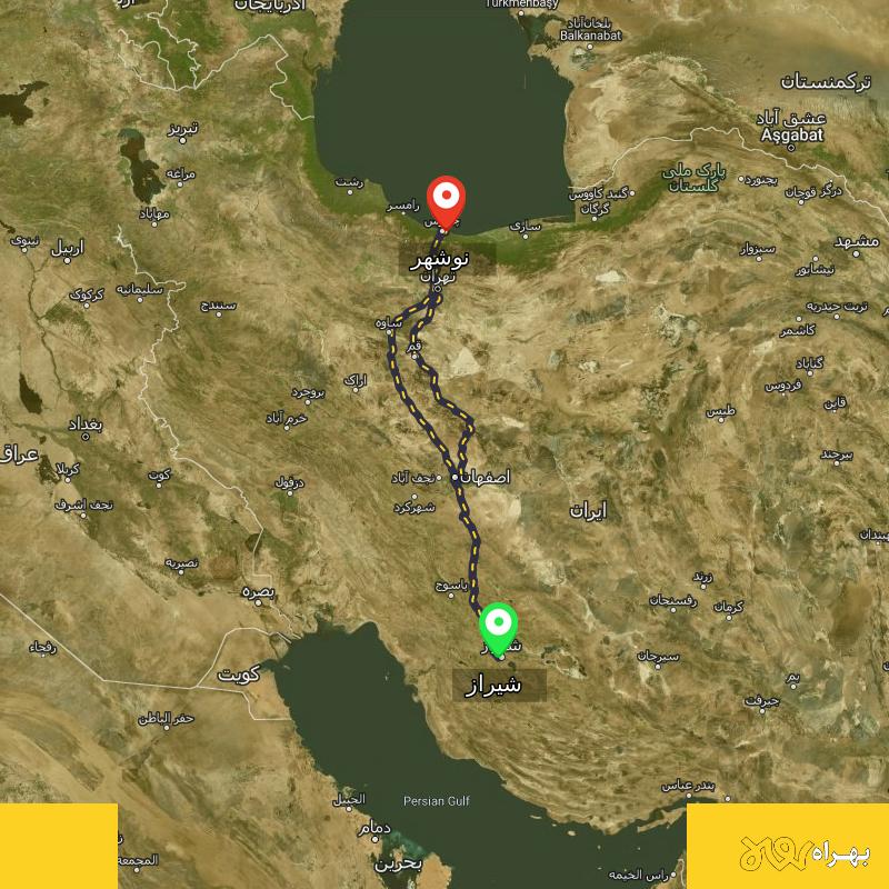 مسافت و فاصله نوشهر - مازندران تا شیراز از ۲ مسیر - اردیبهشت ۱۴۰۳