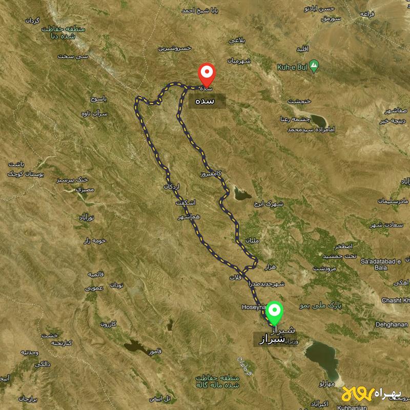 مسافت و فاصله سده - فارس تا شیراز از ۲ مسیر - اردیبهشت ۱۴۰۳