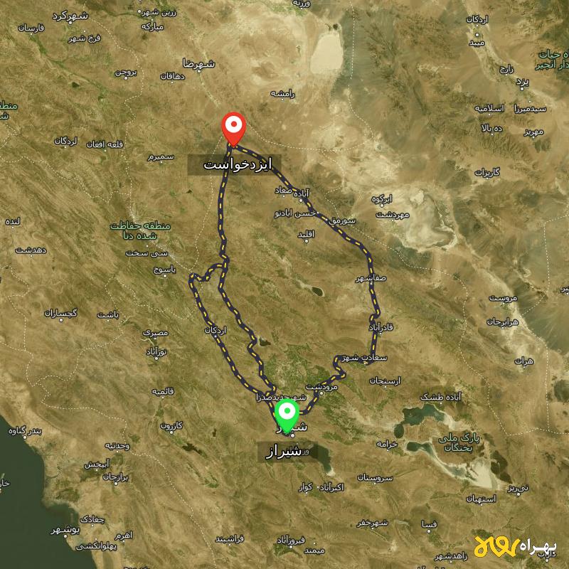 مسافت و فاصله ایزدخواست - فارس تا شیراز از ۳ مسیر - اردیبهشت ۱۴۰۳