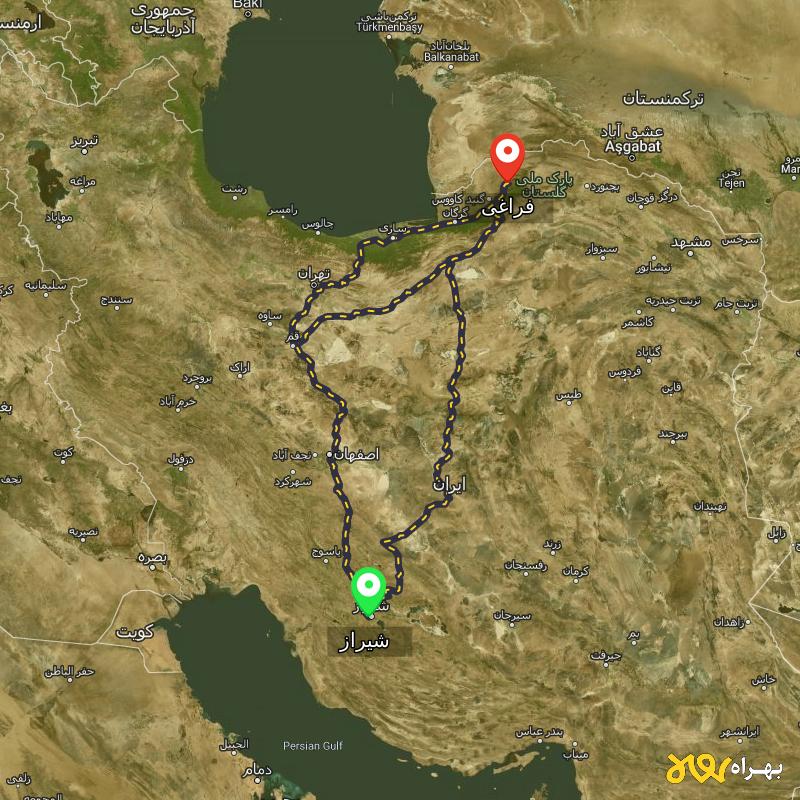 مسافت و فاصله فراغی - گلستان تا شیراز از ۳ مسیر - شهریور ۱۴۰۳