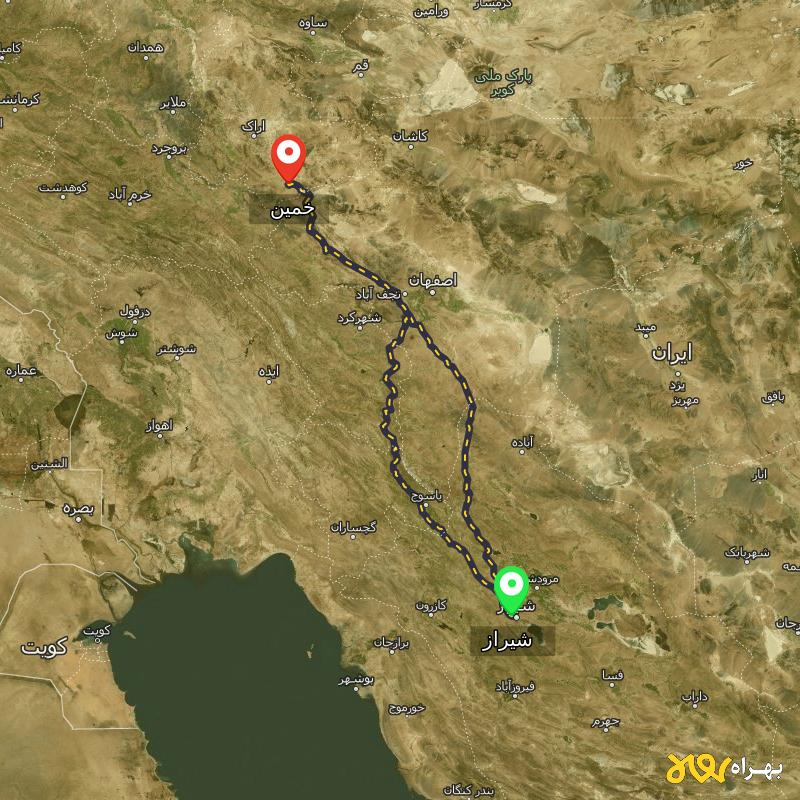 مسافت و فاصله خمین - مرکزی تا شیراز از ۲ مسیر - اردیبهشت ۱۴۰۳