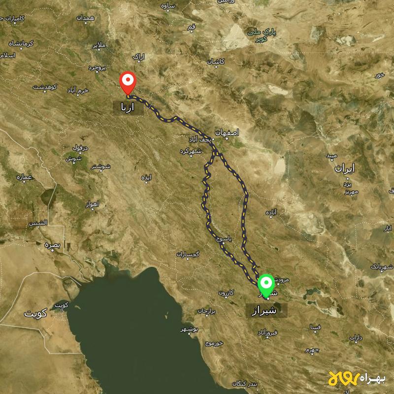 مسافت و فاصله ازنا - لرستان تا شیراز از 2 مسیر - مسیریاب بهراه