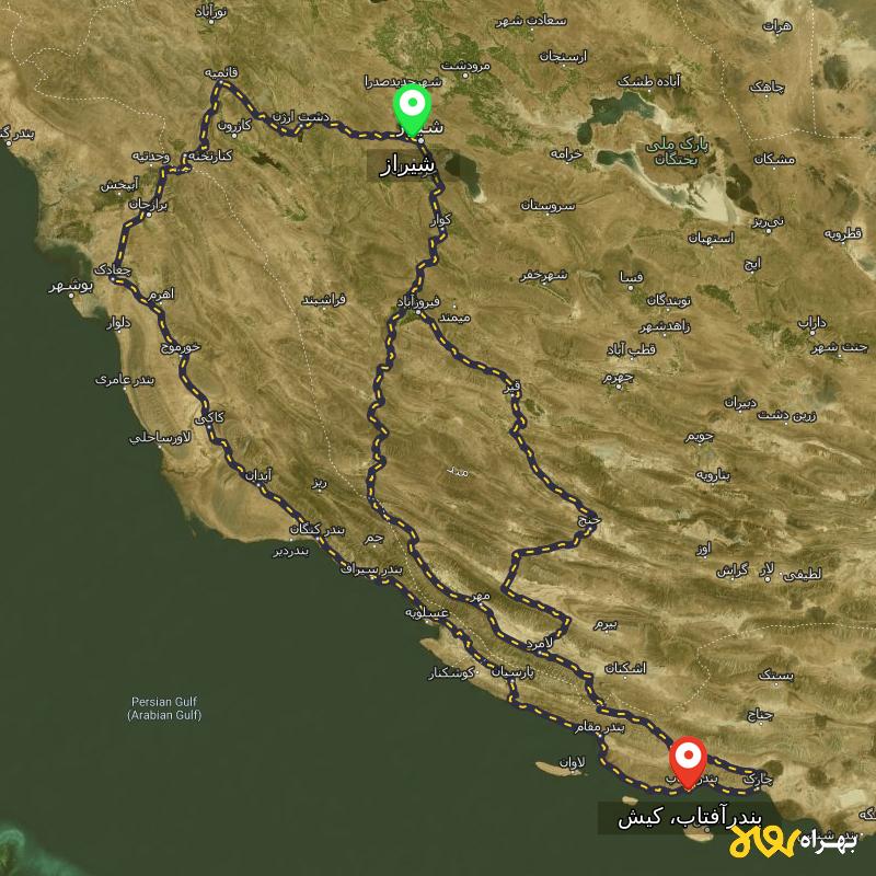 مسافت و فاصله بندرآفتاب، کیش - هرمزگان تا شیراز از ۳ مسیر - اردیبهشت ۱۴۰۳