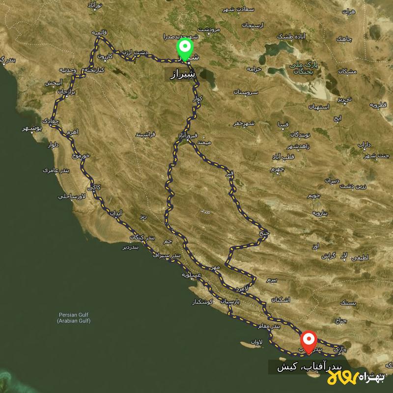 مسافت و فاصله بندرآفتاب، کیش - هرمزگان تا شیراز از ۳ مسیر - آذر ۱۴۰۳