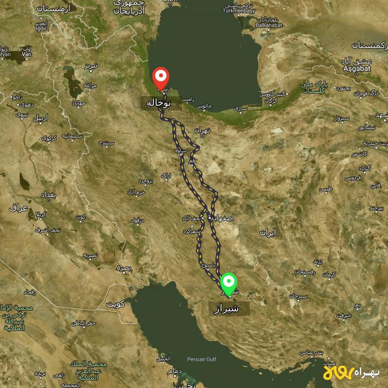 مسافت و فاصله نوخاله - گیلان تا شیراز از ۳ مسیر - مرداد ۱۴۰۳