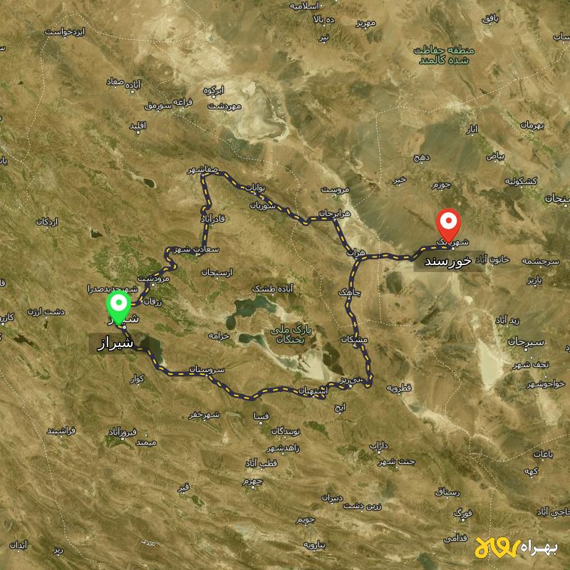 مسافت و فاصله خورسند - کرمان تا شیراز از ۲ مسیر - مهر ۱۴۰۳