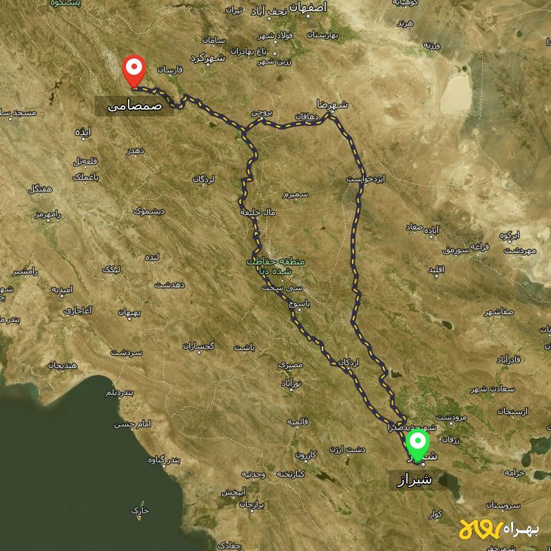 مسافت و فاصله صمصامی - چهارمحال و بختیاری تا شیراز از ۲ مسیر - بهمن ۱۴۰۳