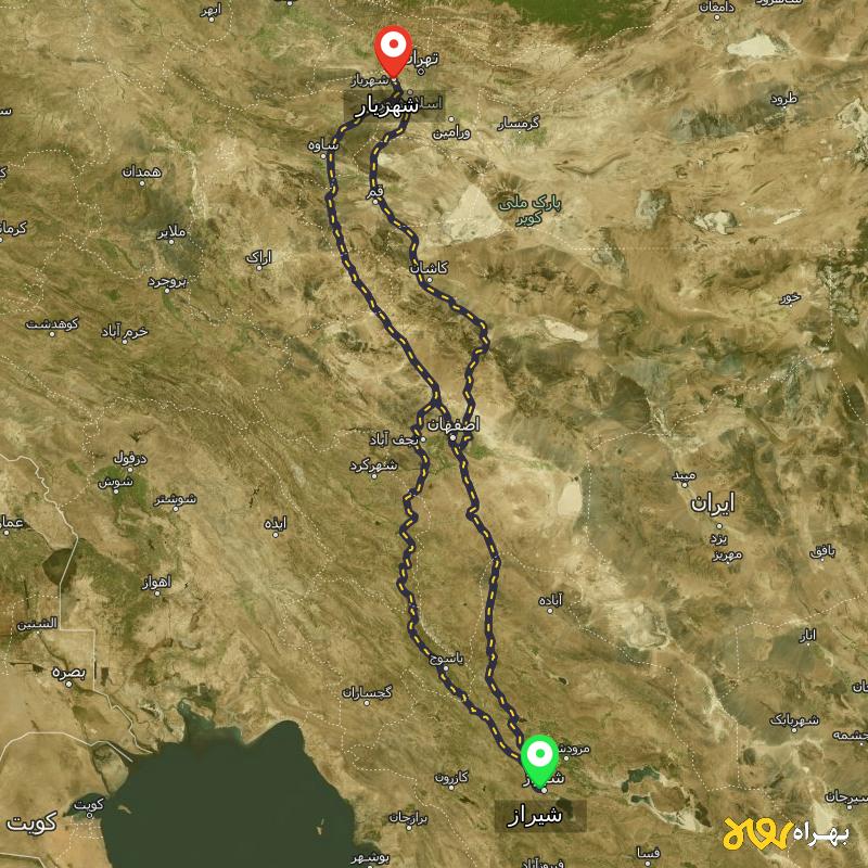 مسافت و فاصله شهریار تا شیراز از ۳ مسیر - اردیبهشت ۱۴۰۳