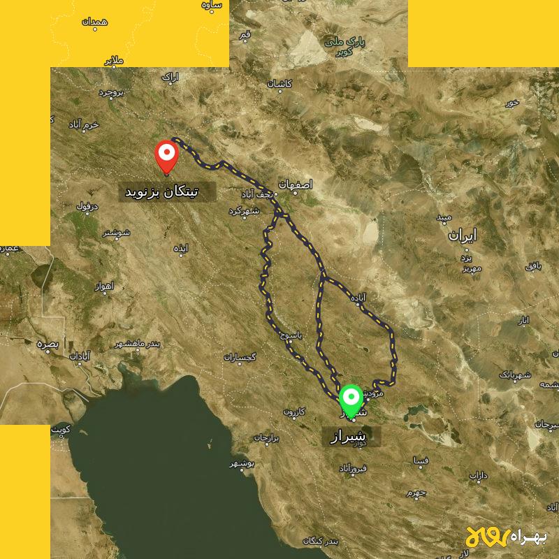 مسافت و فاصله تیتکان بزنوید - لرستان تا شیراز از ۳ مسیر - بهمن ۱۴۰۳