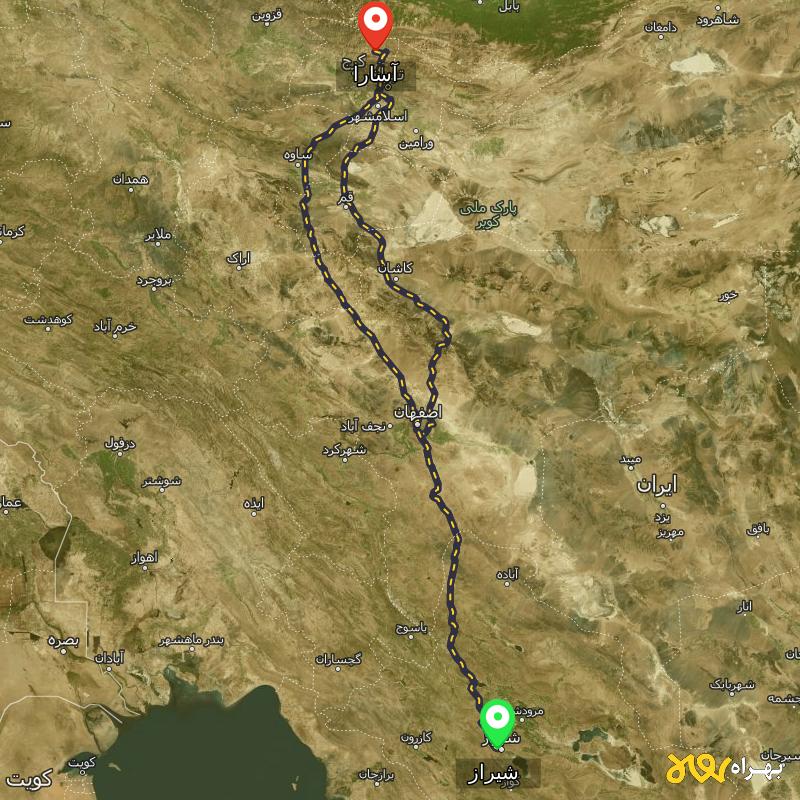 مسافت و فاصله آسارا - البرز تا شیراز از ۲ مسیر - مرداد ۱۴۰۳