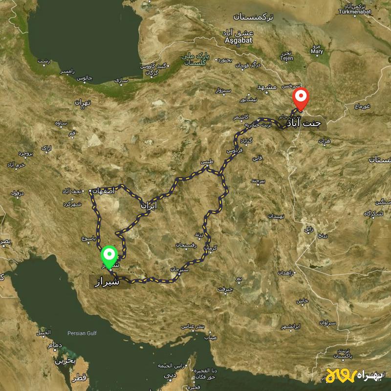 مسافت و فاصله جنت آباد - خراسان رضوی تا شیراز از ۳ مسیر - اردیبهشت ۱۴۰۳