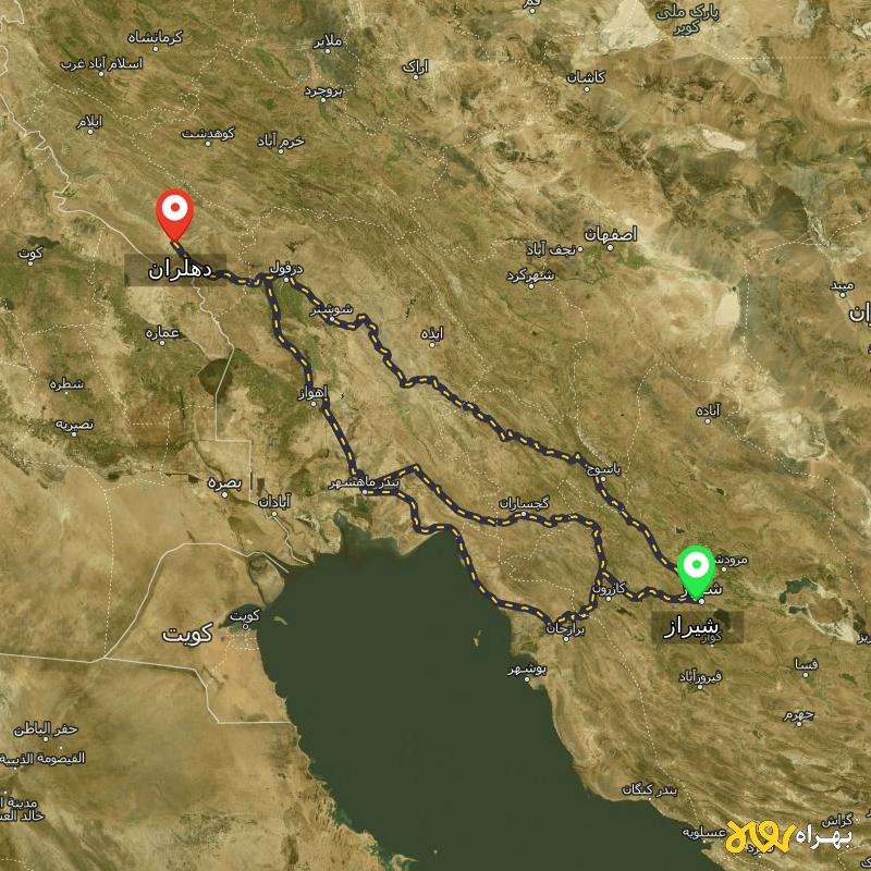مسافت و فاصله دهلران - ایلام تا شیراز از ۳ مسیر - آذر ۱۴۰۳