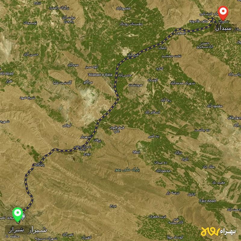 مسافت و فاصله سیدان - فارس تا شیراز - مسیریاب بهراه