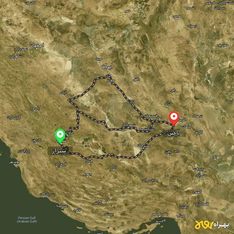 مسافت و فاصله باغین - کرمان تا شیراز از ۳ مسیر - آذر ۱۴۰۳