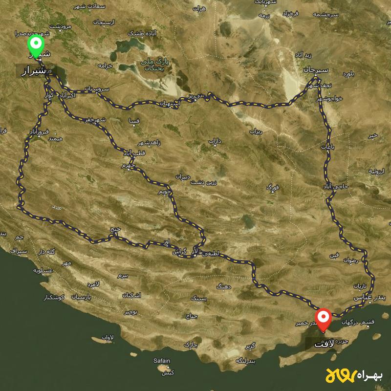 مسافت و فاصله لافت - هرمزگان تا شیراز از ۳ مسیر - اردیبهشت ۱۴۰۳
