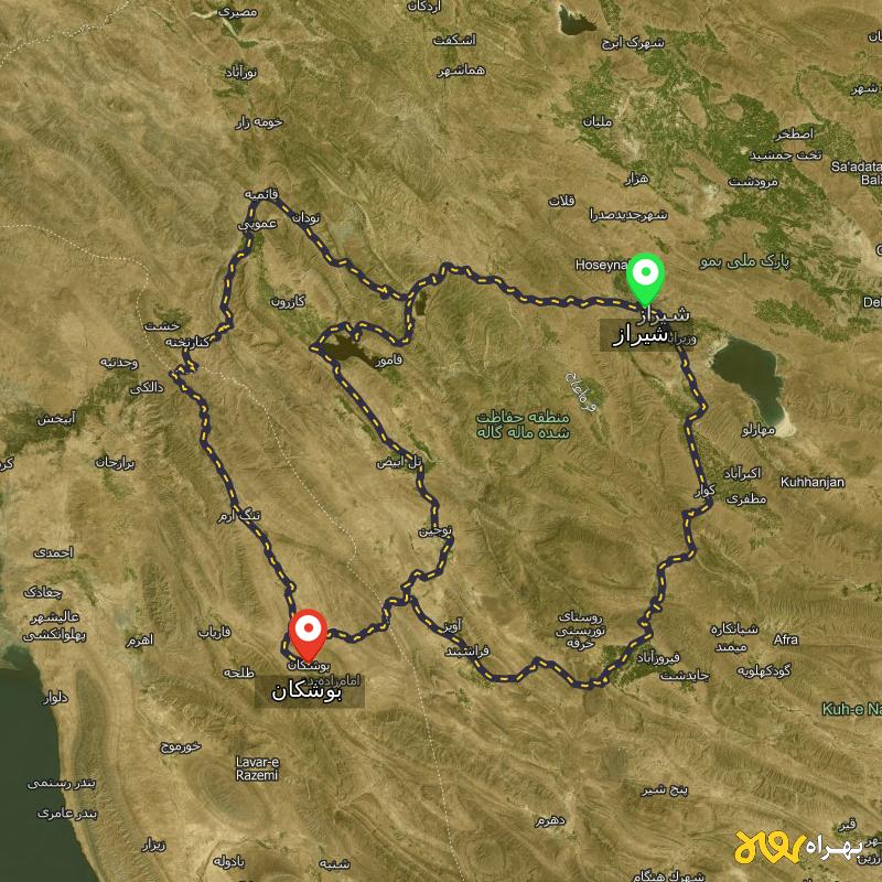 مسافت و فاصله بوشکان - بوشهر تا شیراز از 3 مسیر - مسیریاب بهراه