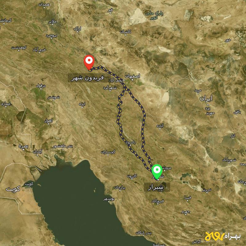 مسافت و فاصله فریدون شهر - اصفهان تا شیراز از ۲ مسیر - آبان ۱۴۰۳