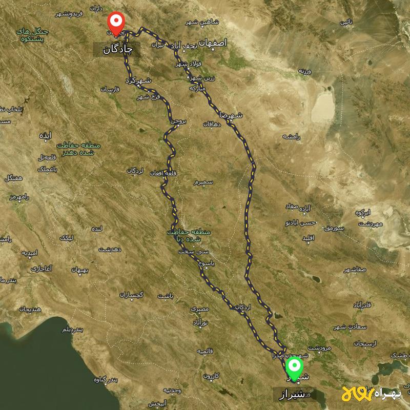 مسافت و فاصله چادگان - اصفهان تا شیراز از ۲ مسیر - دی ۱۴۰۳