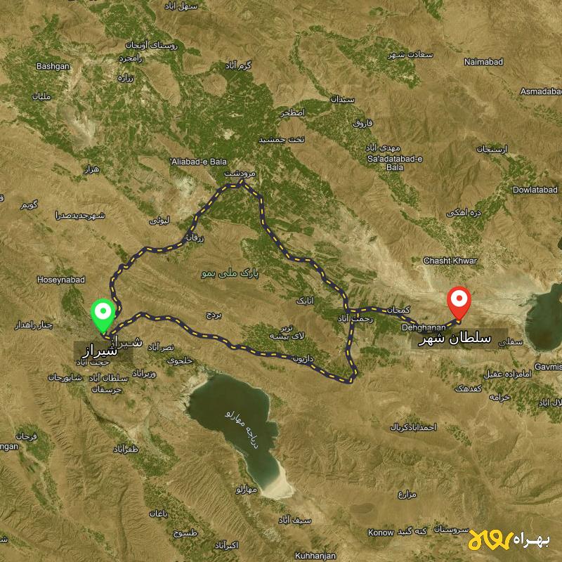 مسافت و فاصله سلطان شهر - فارس تا شیراز از 2 مسیر - مسیریاب بهراه