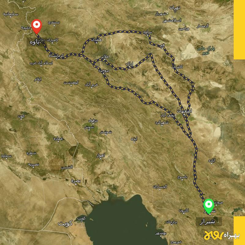 مسافت و فاصله پاوه - کرمانشاه تا شیراز از ۳ مسیر - اردیبهشت ۱۴۰۳