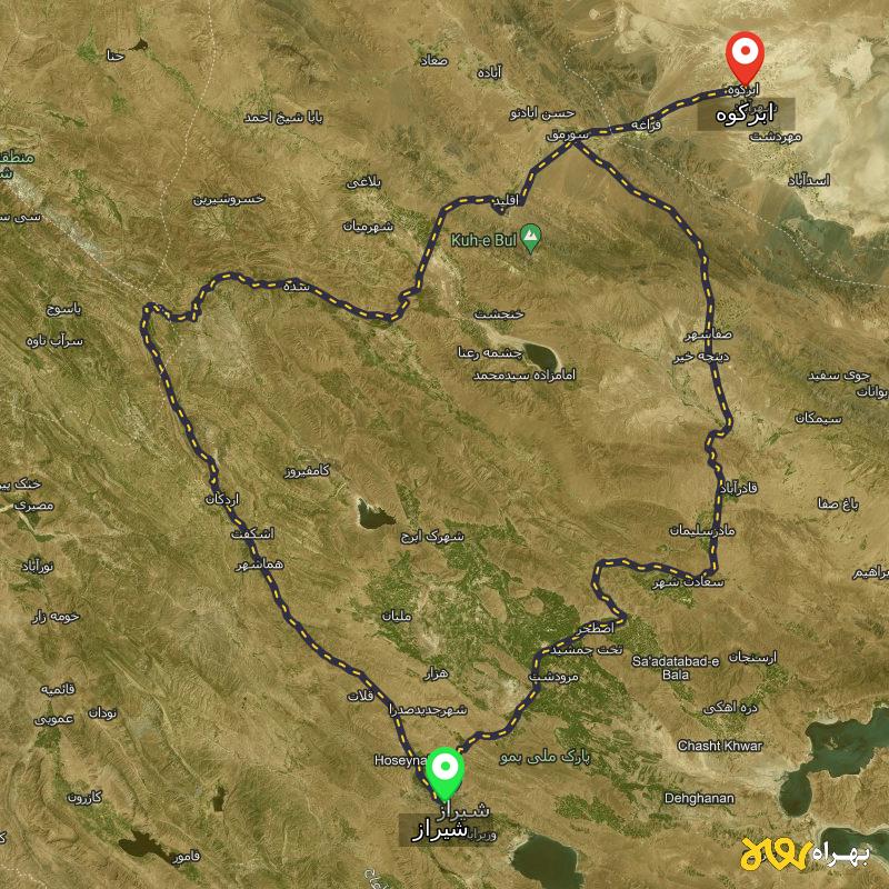 مسافت و فاصله ابرکوه - یزد تا شیراز از ۲ مسیر - اردیبهشت ۱۴۰۳