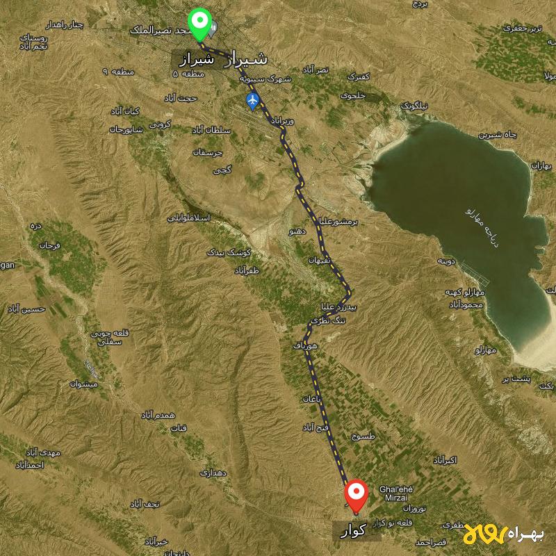 مسافت و فاصله کوار - فارس تا شیراز - مسیریاب بهراه