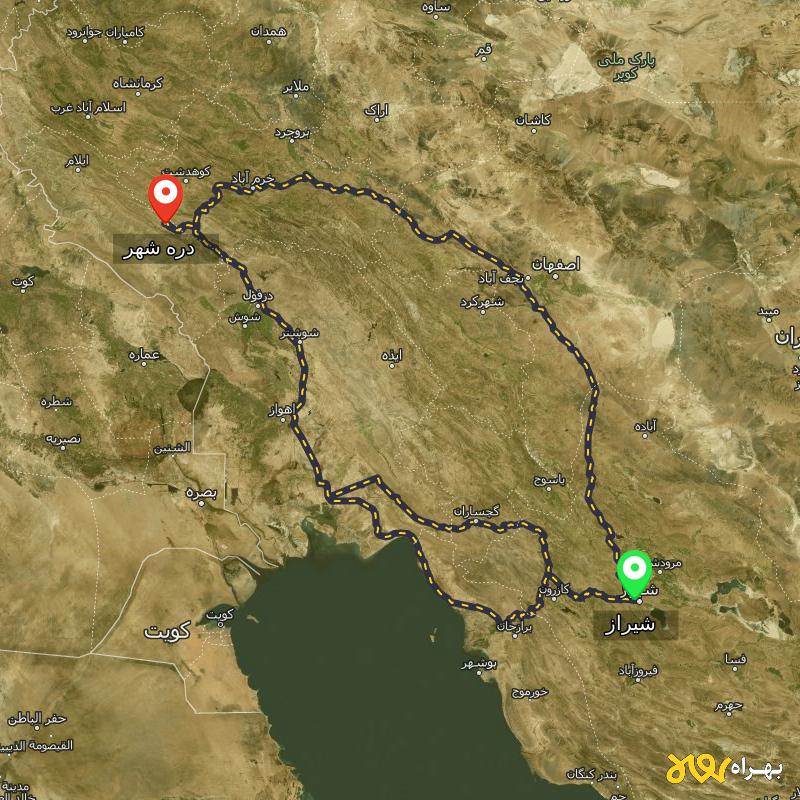 مسافت و فاصله دره‌ شهر - ایلام تا شیراز از 3 مسیر - مسیریاب بهراه