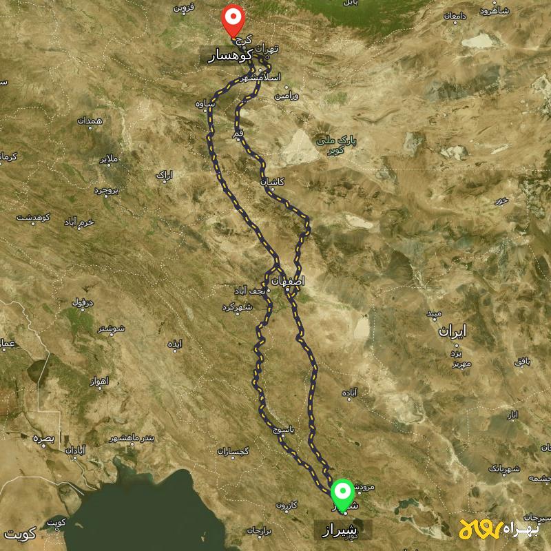 مسافت و فاصله کوهسار تا شیراز از ۳ مسیر - مرداد ۱۴۰۳