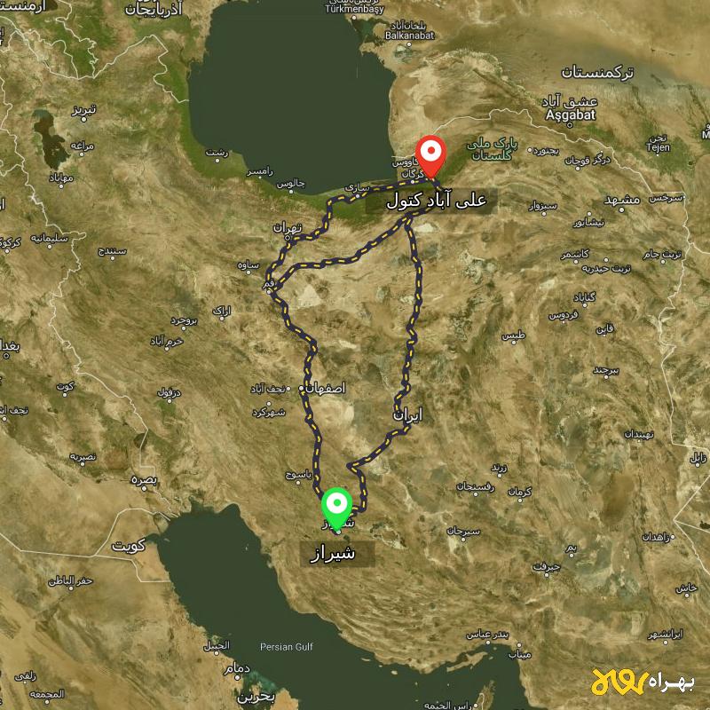 مسافت و فاصله علی آباد کتول - گلستان تا شیراز از ۳ مسیر - مرداد ۱۴۰۳