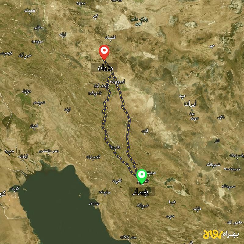 مسافت و فاصله وزوان - اصفهان تا شیراز از ۲ مسیر - مرداد ۱۴۰۳