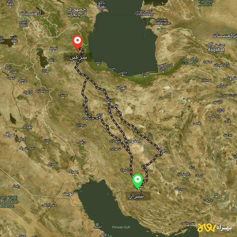 مسافت و فاصله سرعین - اردبیل تا شیراز از ۳ مسیر - مرداد ۱۴۰۳