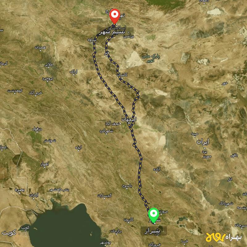 مسافت و فاصله نسیم شهر - تهران تا شیراز از ۲ مسیر - مرداد ۱۴۰۳