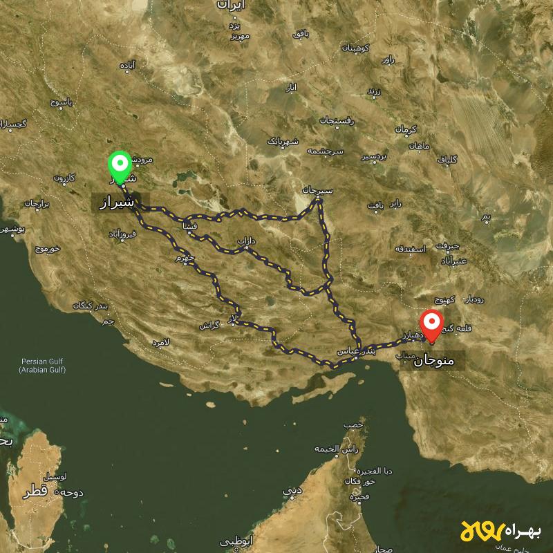 مسافت و فاصله منوجان - کرمان تا شیراز از ۳ مسیر - اردیبهشت ۱۴۰۳