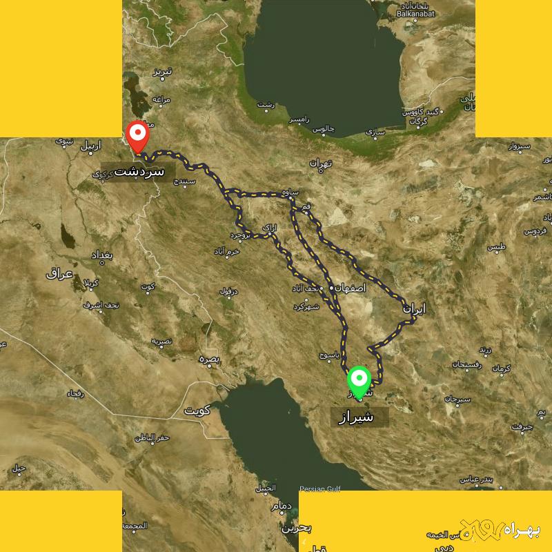 مسافت و فاصله سردشت - آذربایجان غربی تا شیراز از 3 مسیر - مسیریاب بهراه