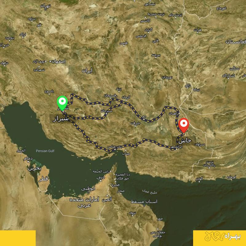 مسافت و فاصله خاش - سیستان و بلوچستان تا شیراز از ۳ مسیر - اردیبهشت ۱۴۰۳