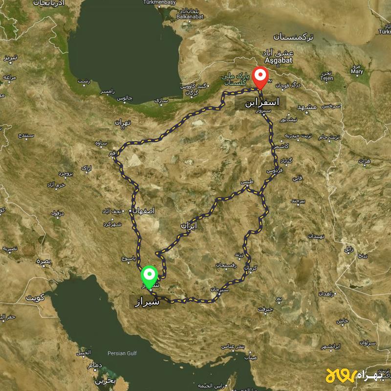مسافت و فاصله اسفراین - خراسان شمالی تا شیراز از 3 مسیر - مسیریاب بهراه